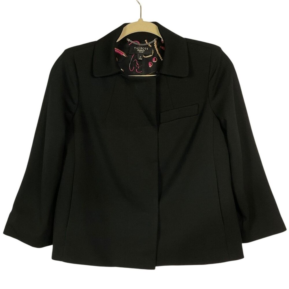 Talbots Black Jacket Lined Size 2 Petite, Pockets, Rayon/Nylon/Spandex